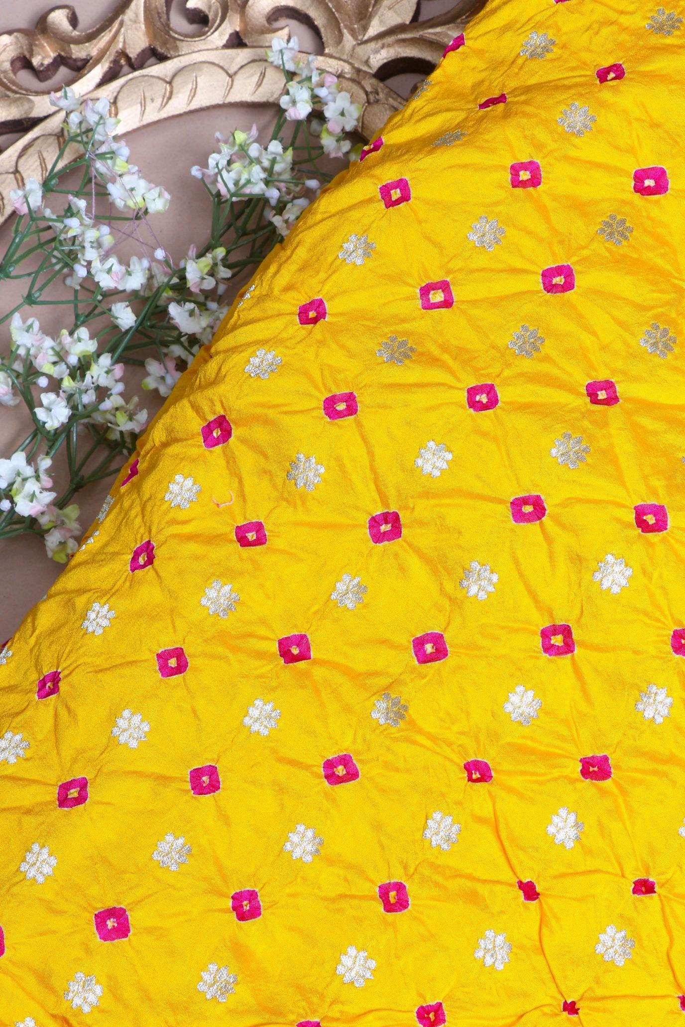 Yellow Bandhani Silk Fabric