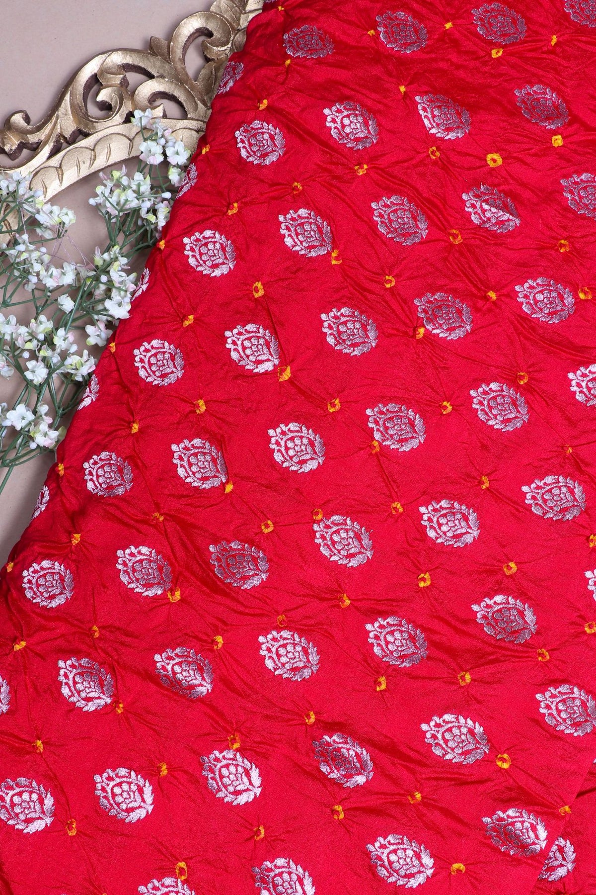 Red Bandhani Silk Fabric