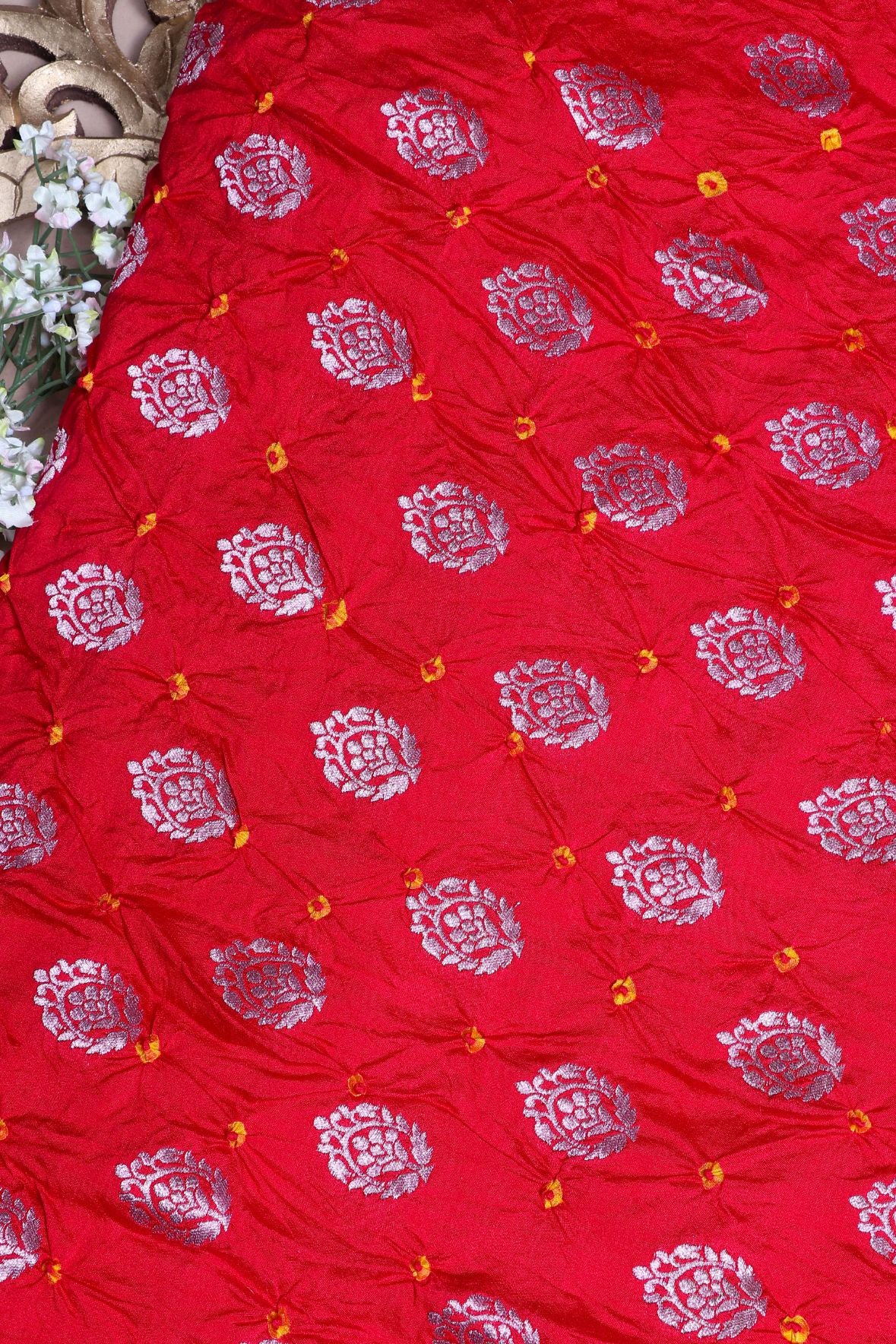 Red Bandhani Silk Fabric