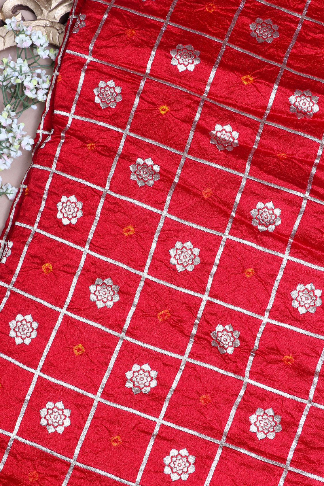 Red Bandhani Silk Fabric