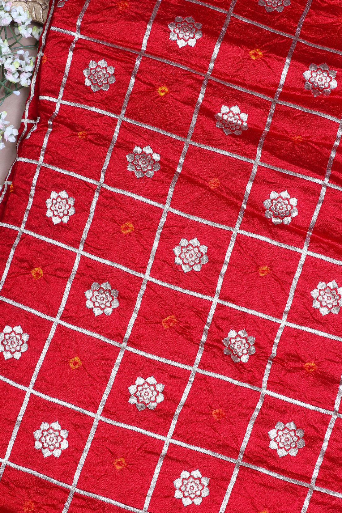 Red Bandhani Silk Fabric